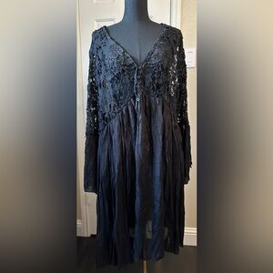 J Gee Womens Black Boho Gauze Crochet Bell Sleeve Dress 3X Lined V-Neck